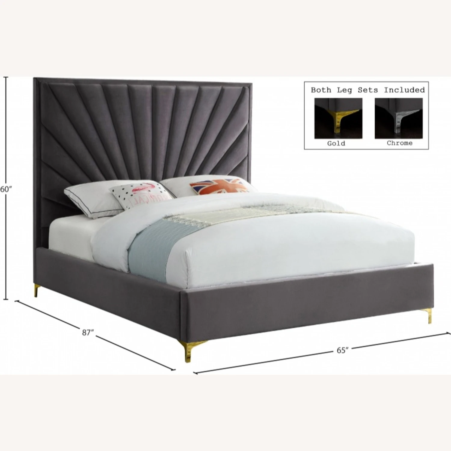 Other Queen Bed In Grey Velvet W/ Fan-Like Shell Pattern - Image 2