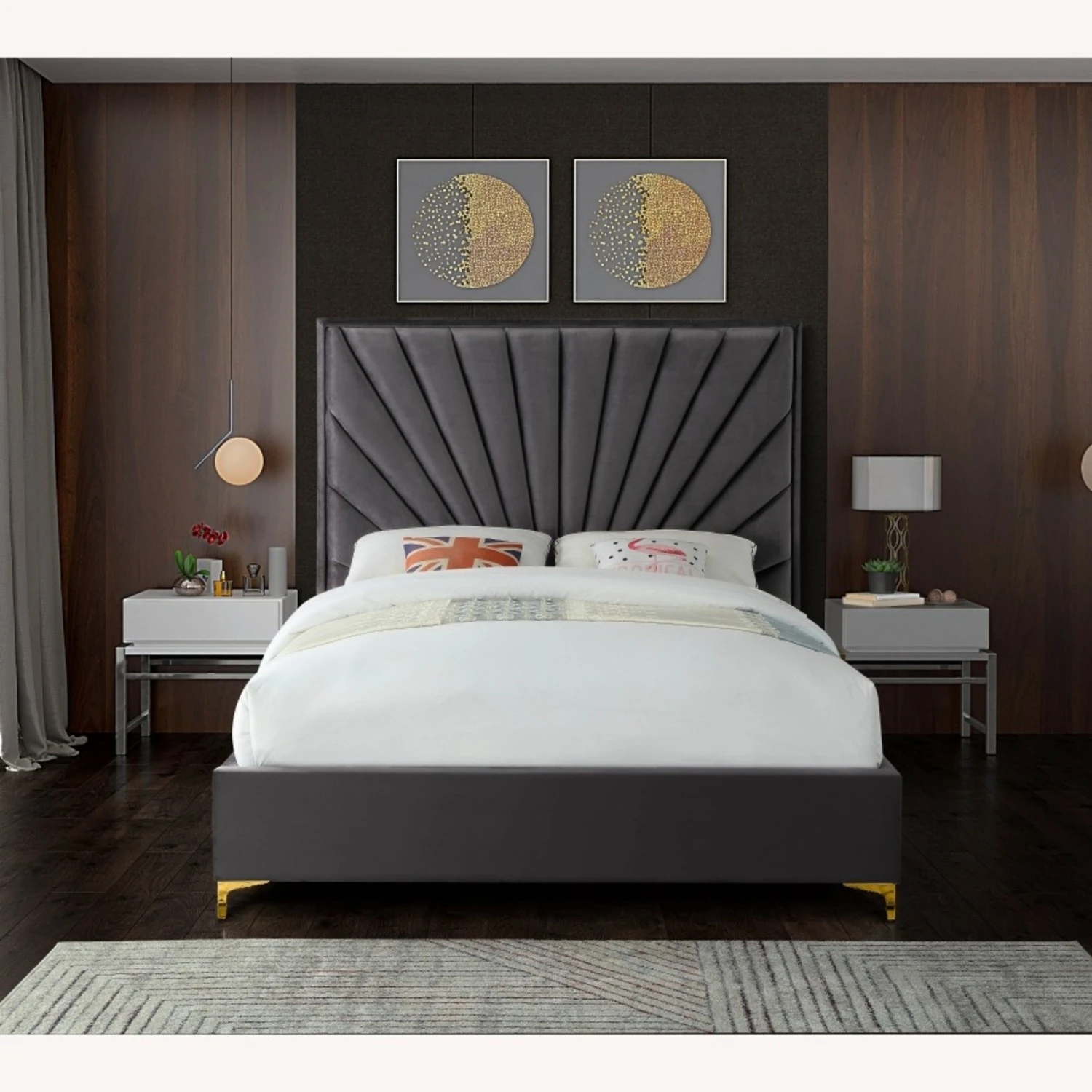 Other Queen Bed In Grey Velvet W/ Fan-Like Shell Pattern - Image 5