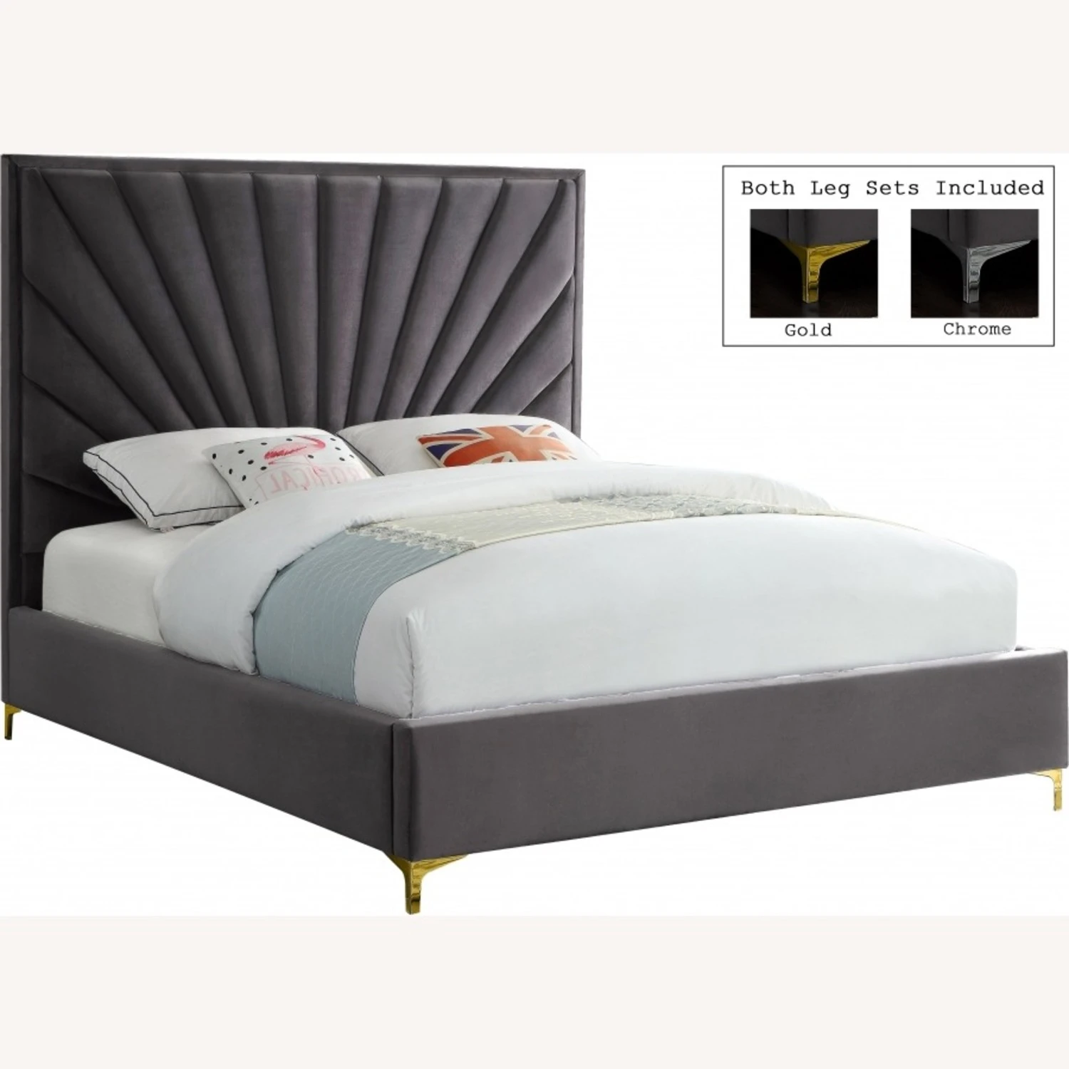 Other Queen Bed In Grey Velvet W/ Fan-Like Shell Pattern - Image 8