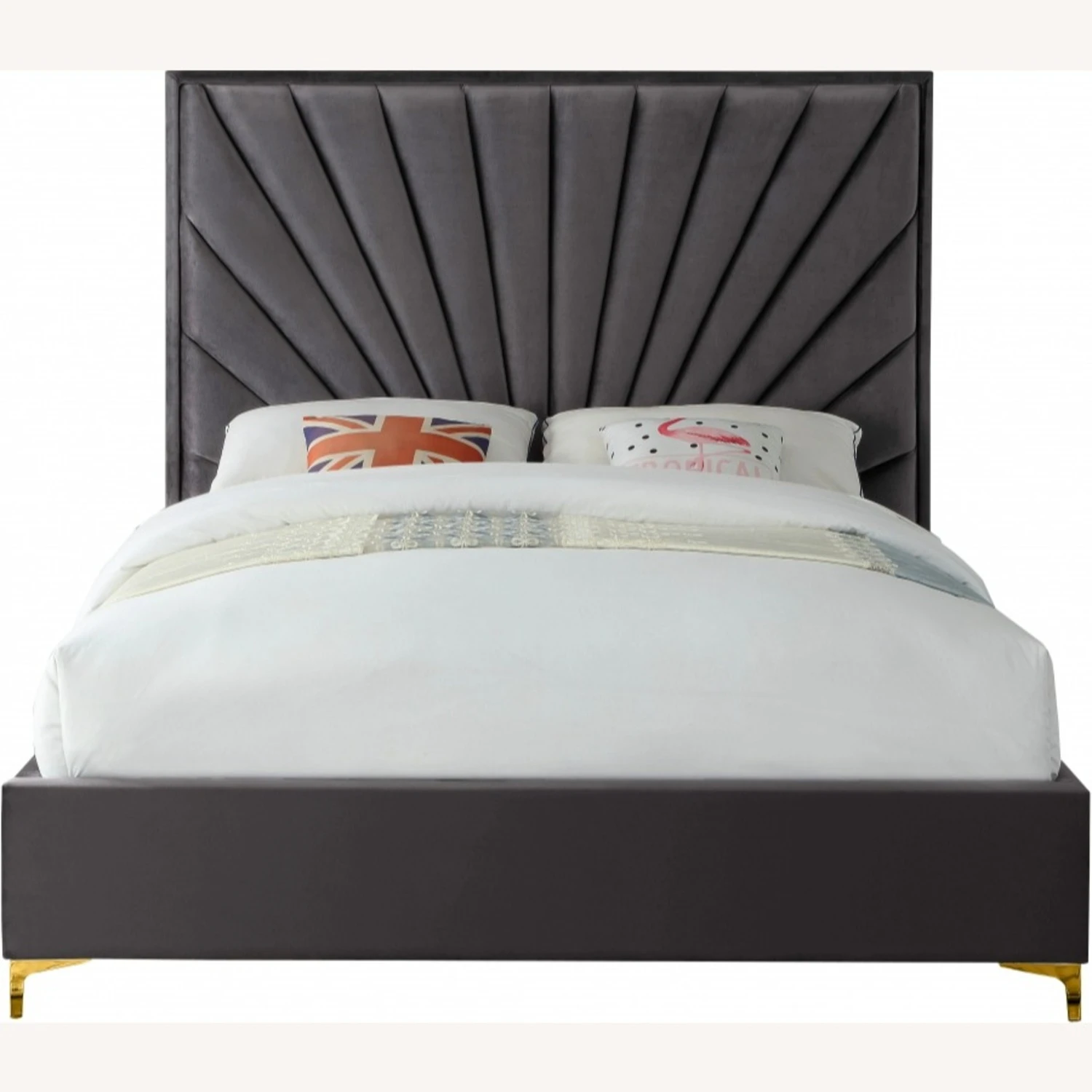 Other Queen Bed In Grey Velvet W/ Fan-Like Shell Pattern - Image 9