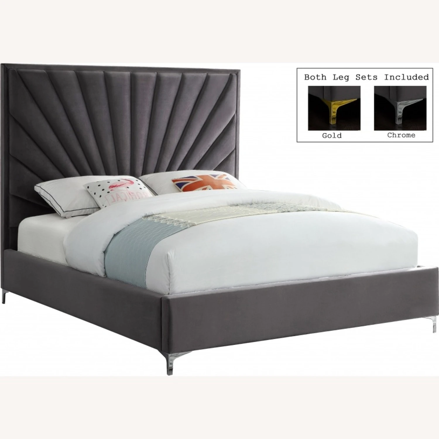 Other Queen Bed In Grey Velvet W/ Fan-Like Shell Pattern - Image 10