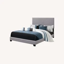 Other Queen Bed In Grey Fabric W/ Chrome Nailhead Trim