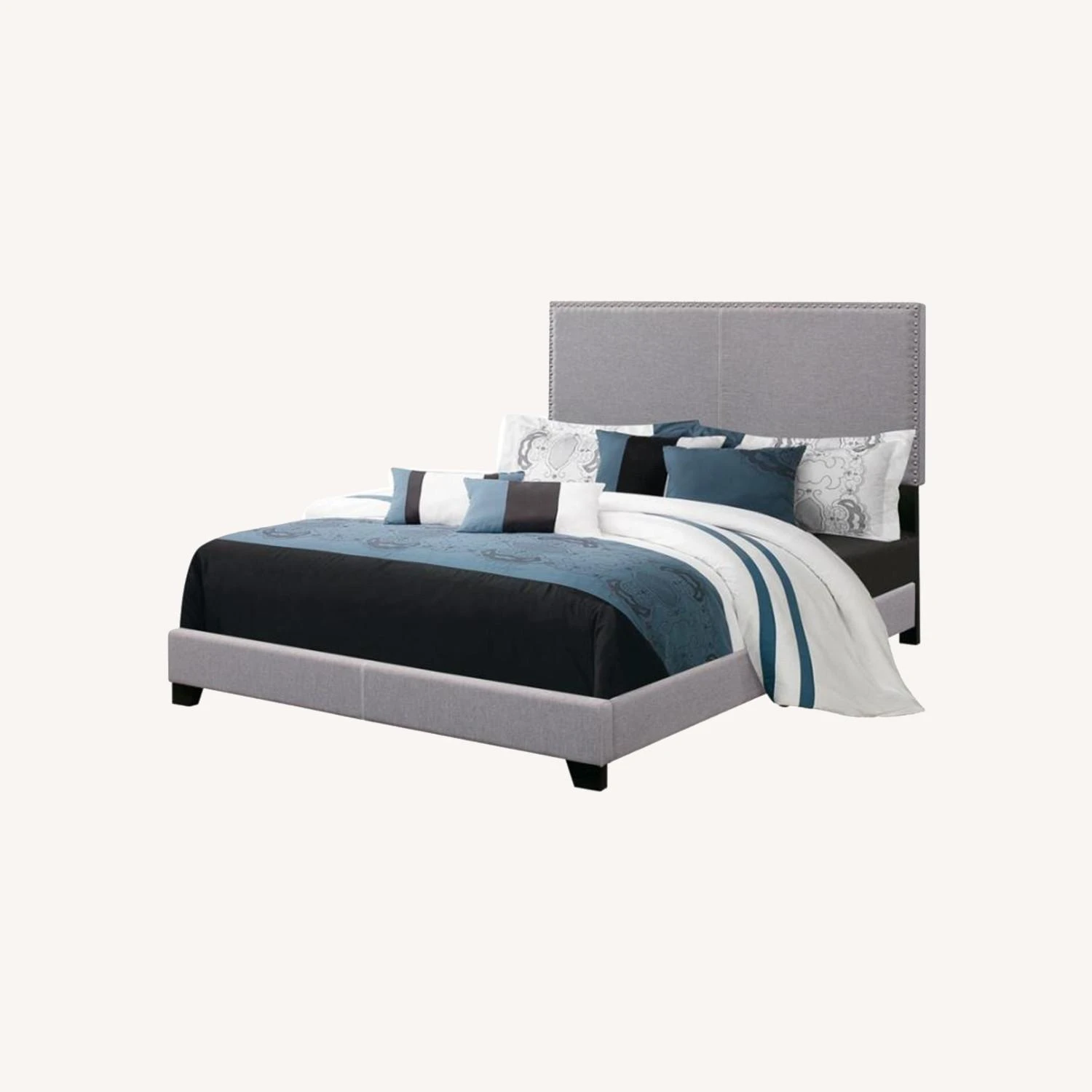 Other Queen Bed In Grey Fabric W/ Chrome Nailhead Trim