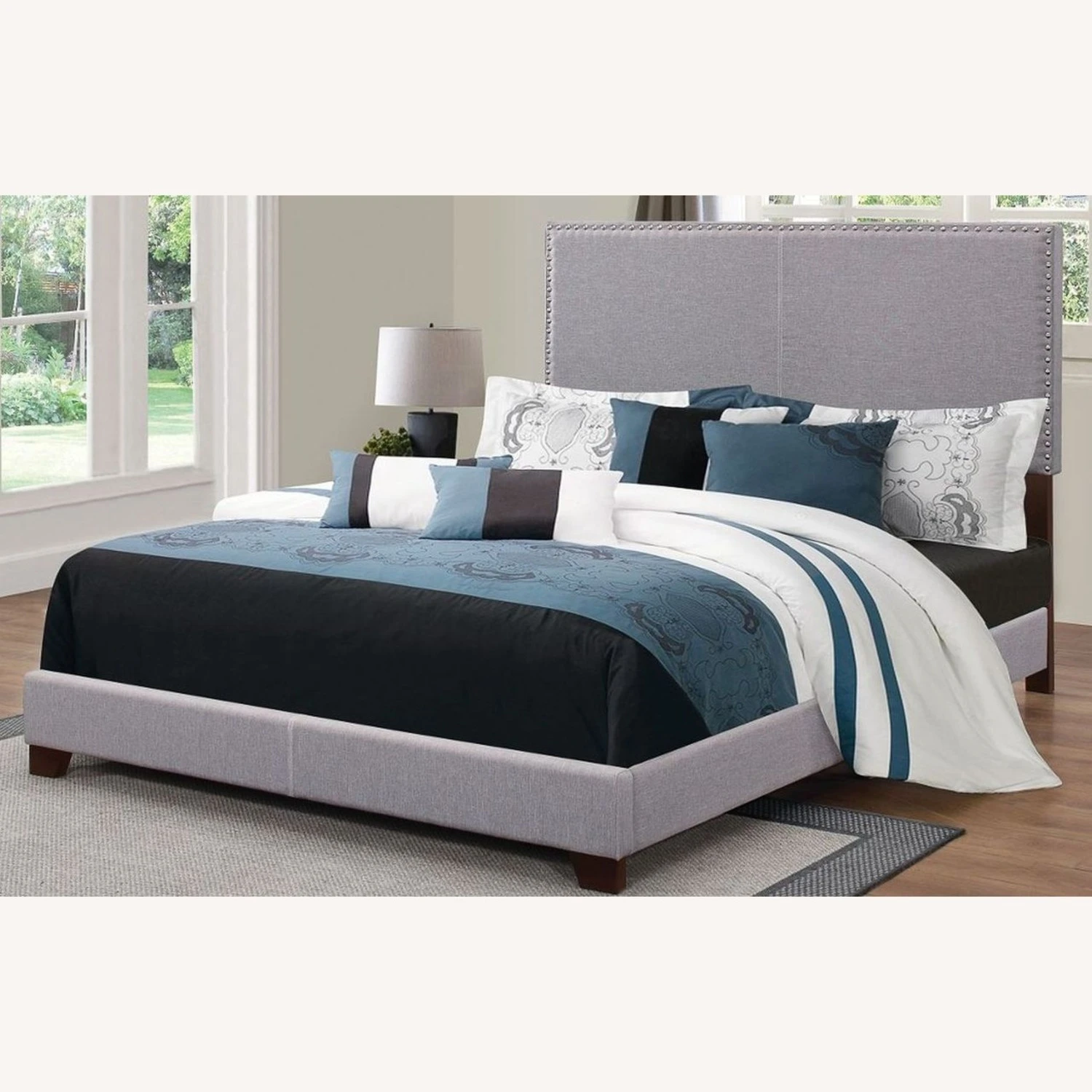 Other Queen Bed In Grey Fabric W/ Chrome Nailhead Trim - Image 3