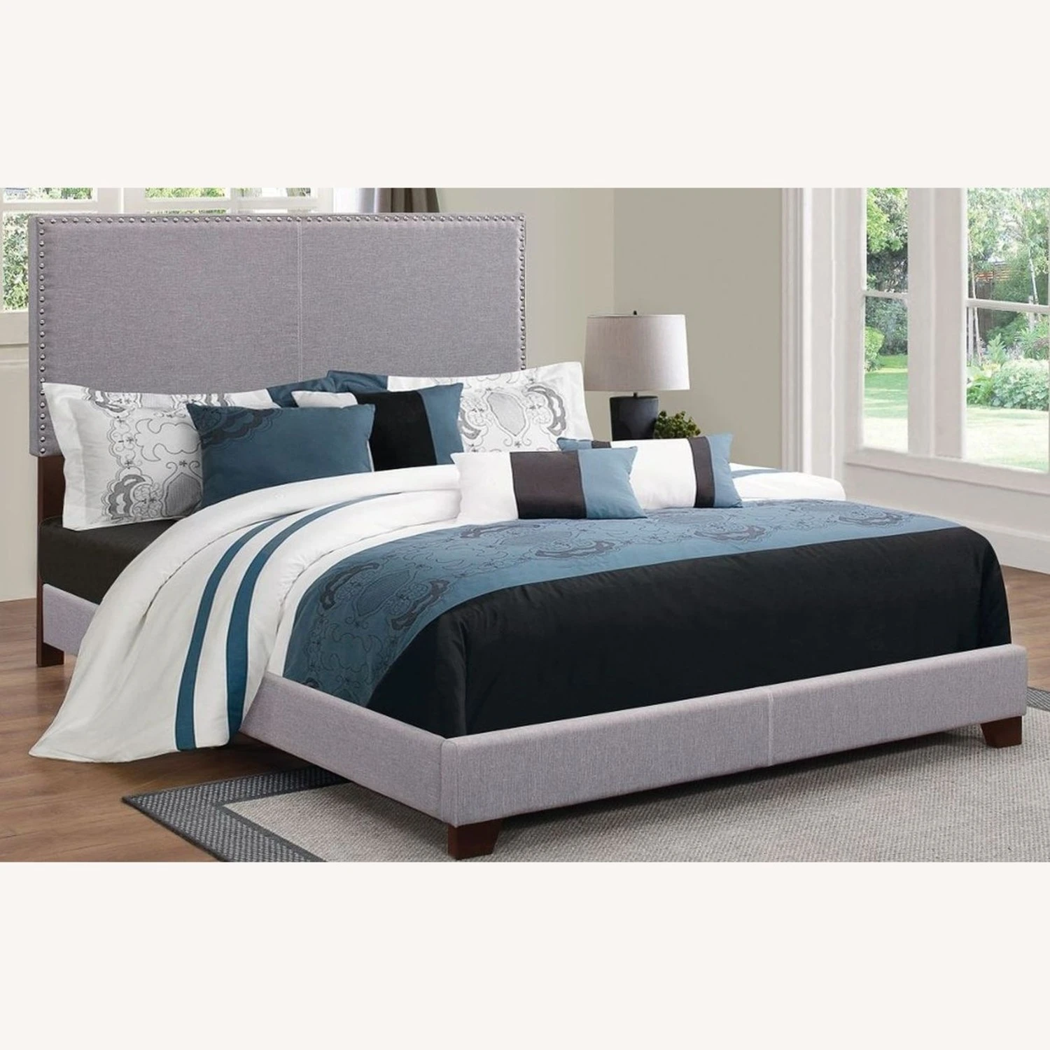 Other Queen Bed In Grey Fabric W/ Chrome Nailhead Trim - Image 5