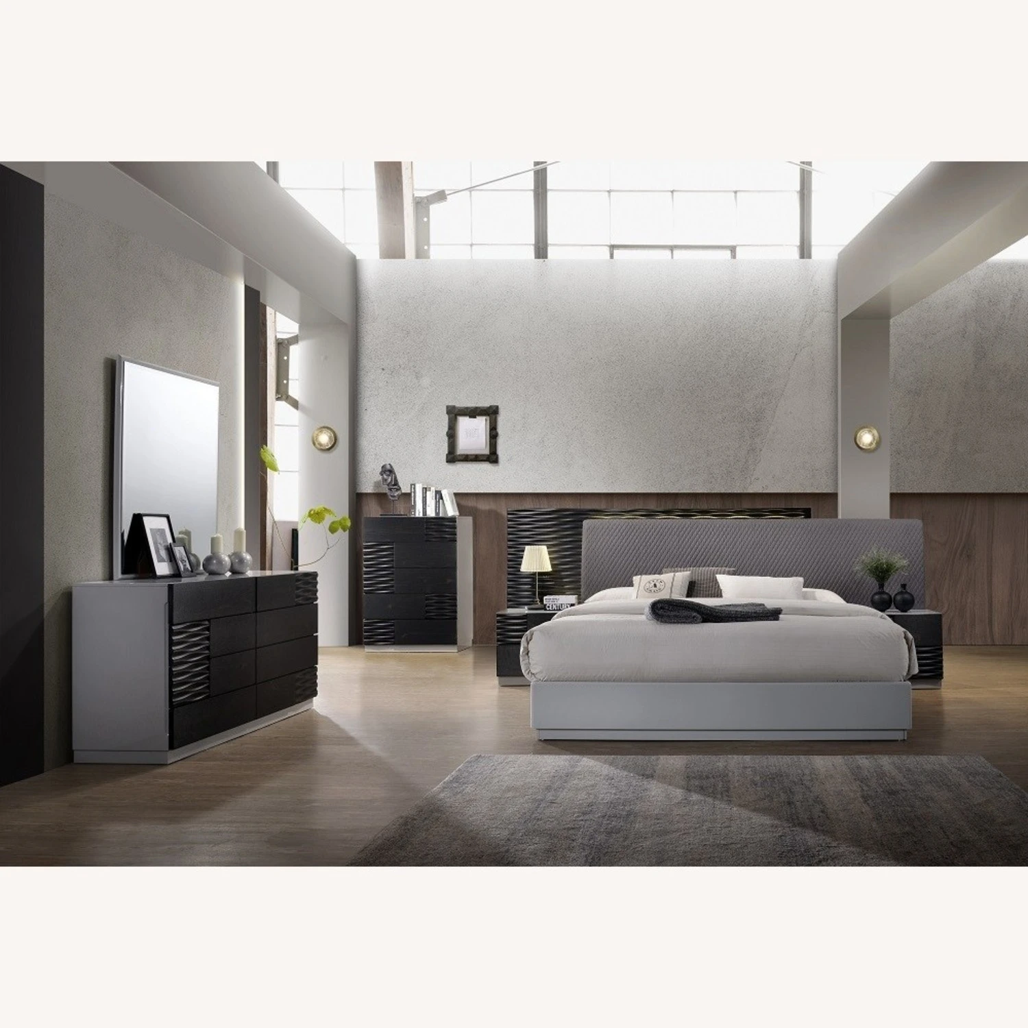 Other Queen Bed In Grey Upholstery W/ Black Gloss Finish - Image 4