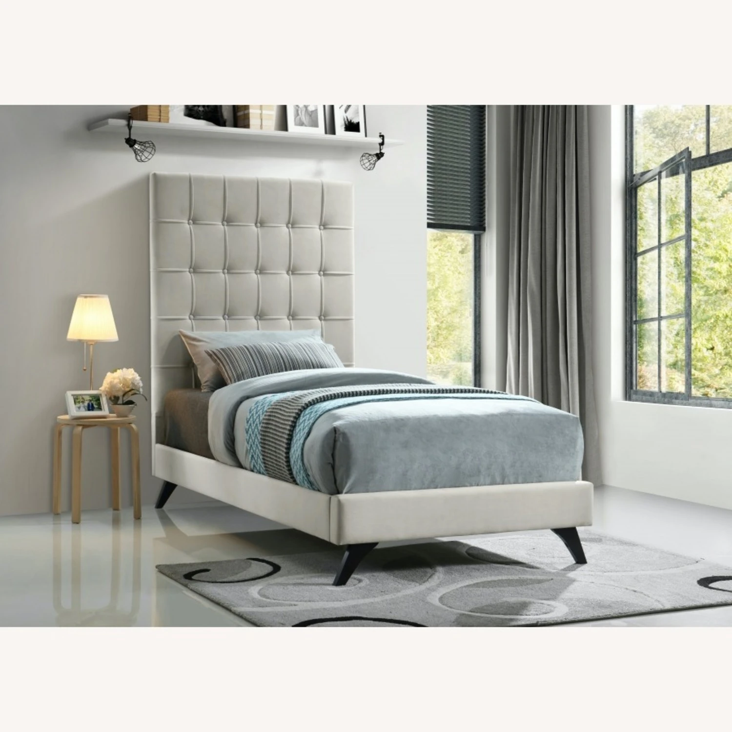Other Twin Bed In Cream Velvet W/ Espresso Wood Legs - Image 2