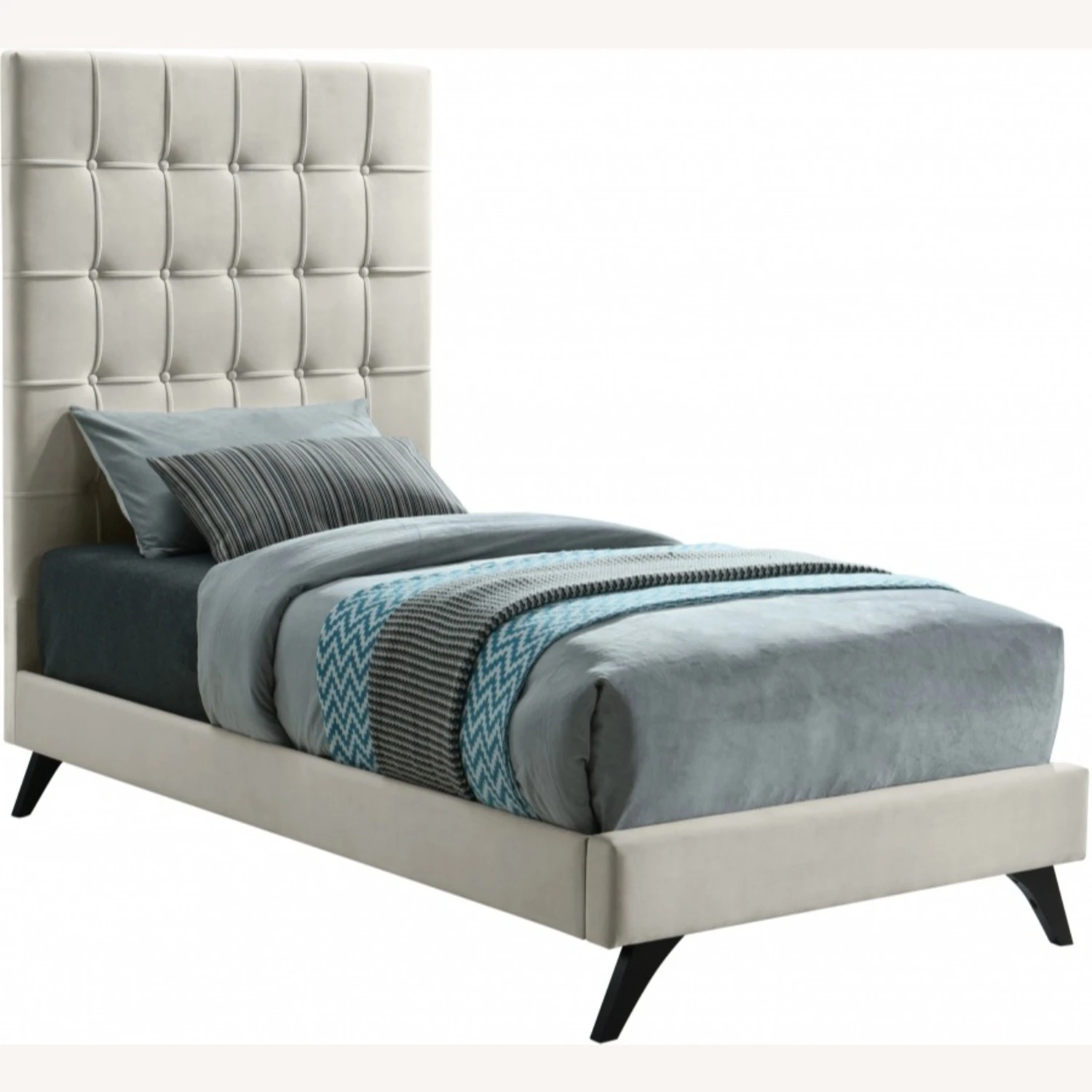 Other Twin Bed In Cream Velvet W/ Espresso Wood Legs - Image 6