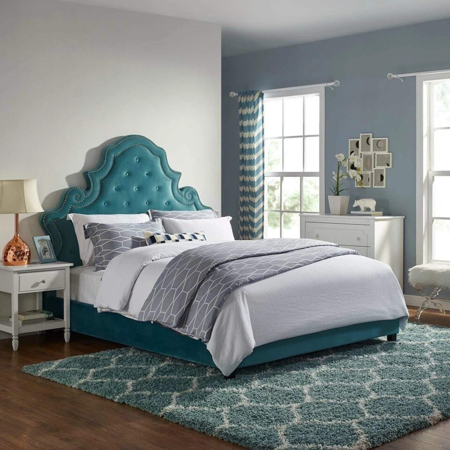 Other Modern Queen Bed In Velvet Sea W/ Ornate Curves - Image 2