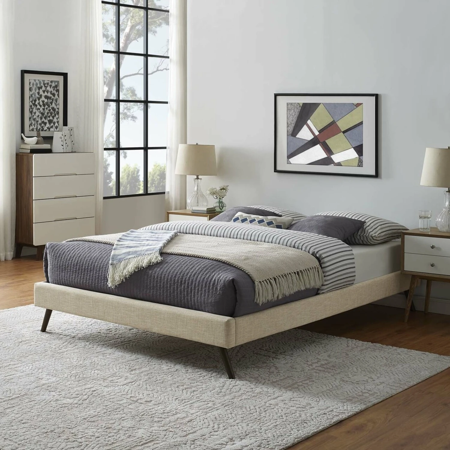 Other Queen Bed In Beige Fabric W/ Splayed Legs Frame - Image 3