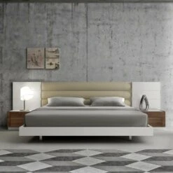 Other King Bed In White Lacquer & Walnut Veneer Finish