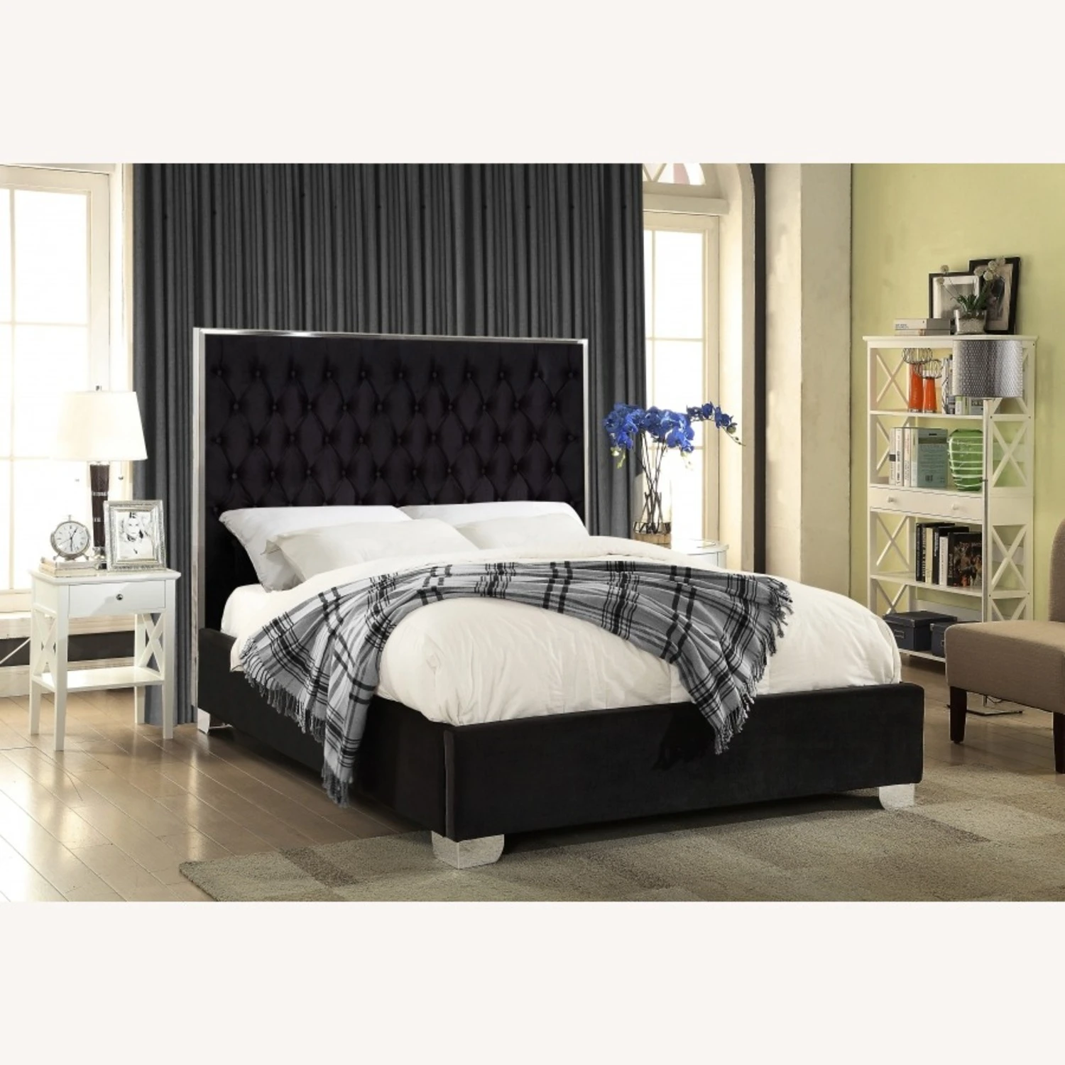 Other King Bed In Black Velvet W/ Chrome Trim Design - Image 2