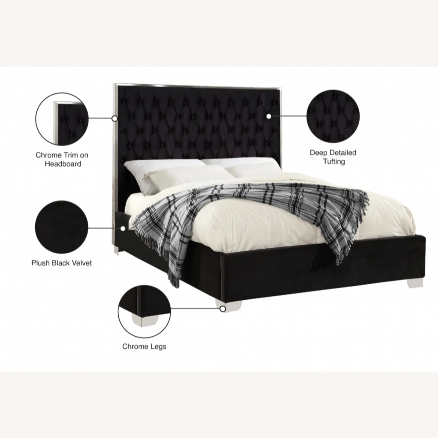 Other King Bed In Black Velvet W/ Chrome Trim Design - Image 3