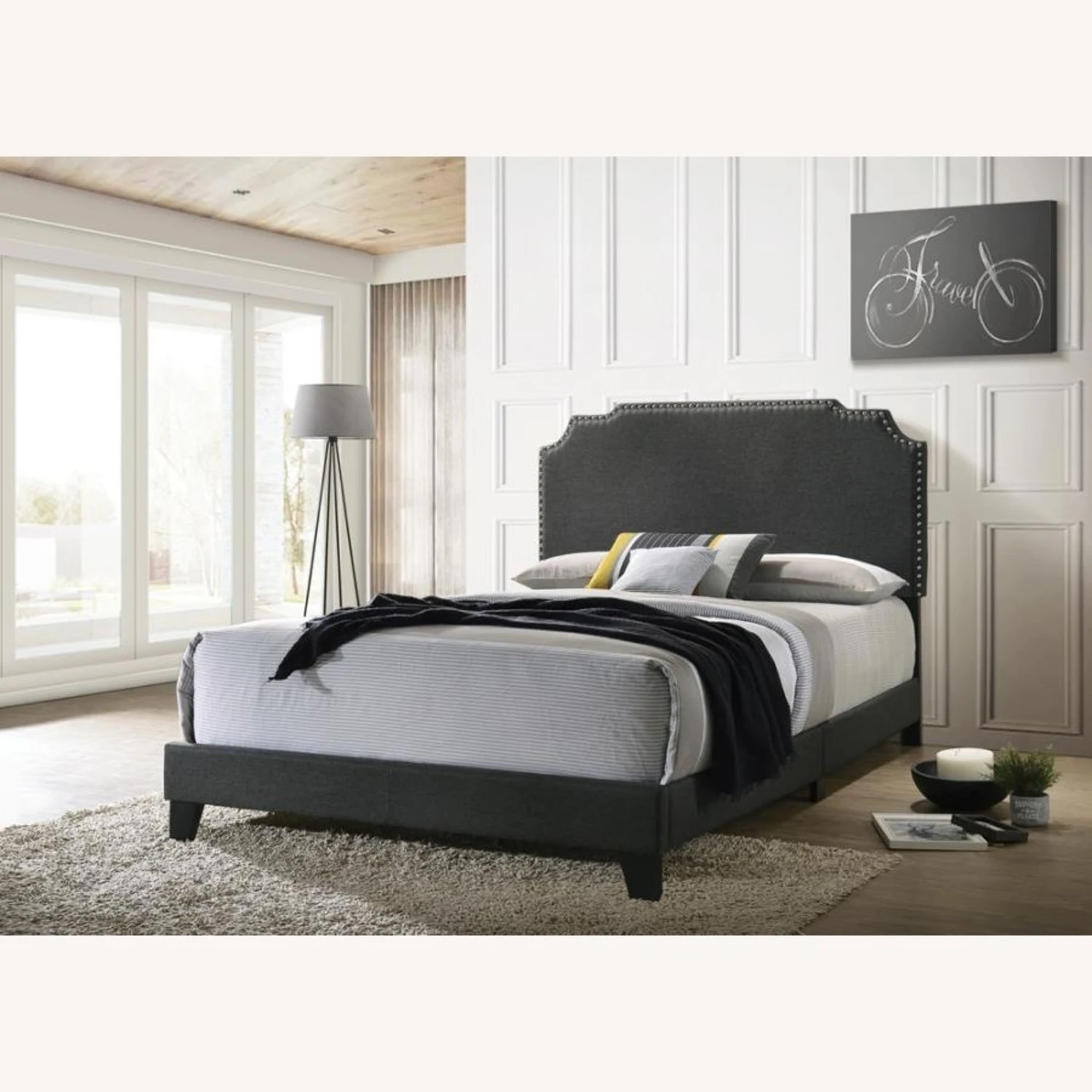 Other King Bed In Grey Fabric W/ Chrome Nailhead Finish - Image 5