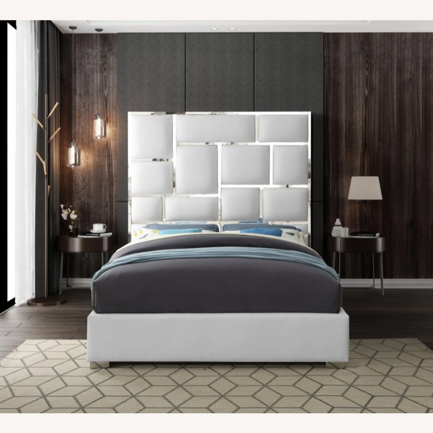 Other King Bed In White Faux Leather W/ Chrome Design - Image 2