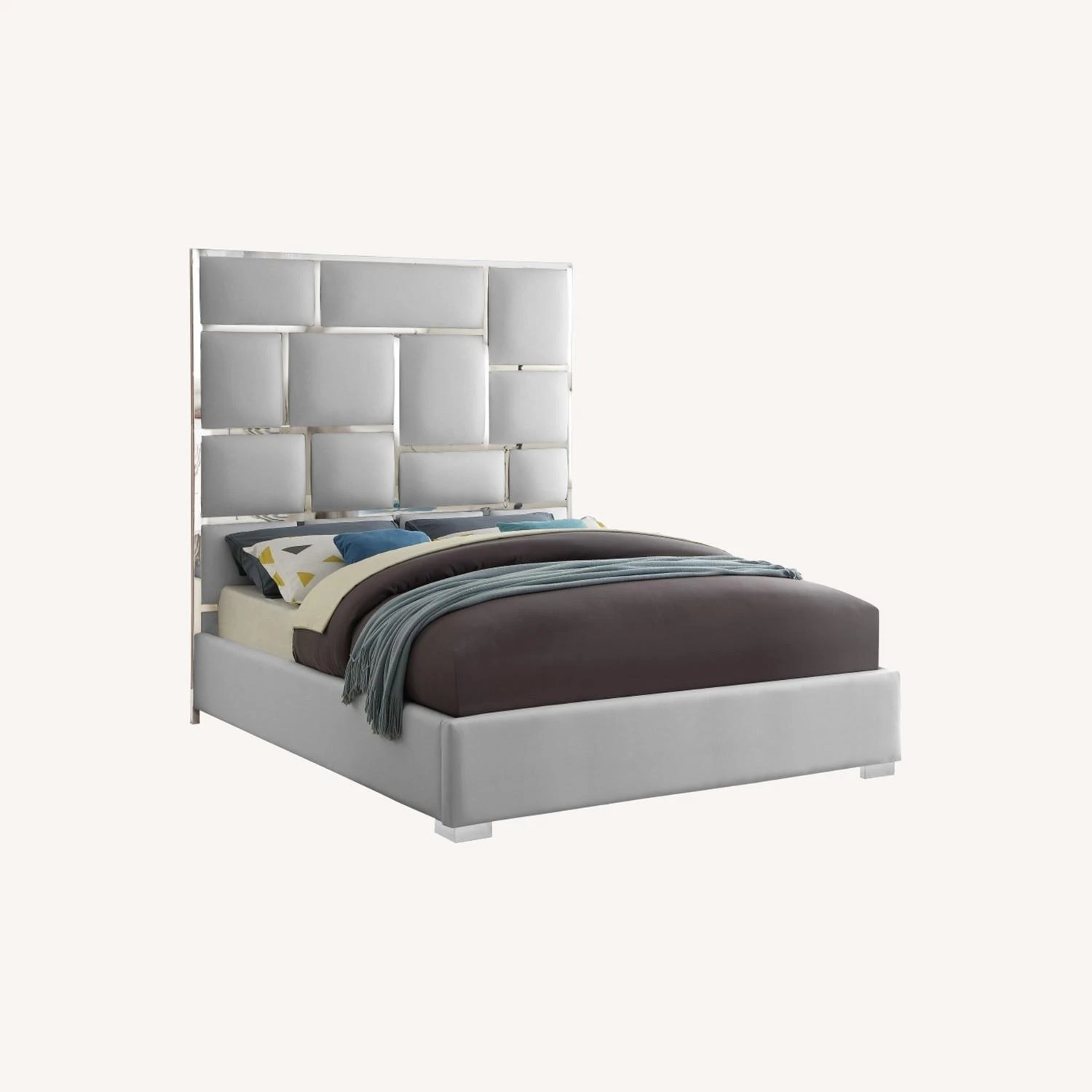 Other King Bed In White Faux Leather W/ Chrome Design - Image 5