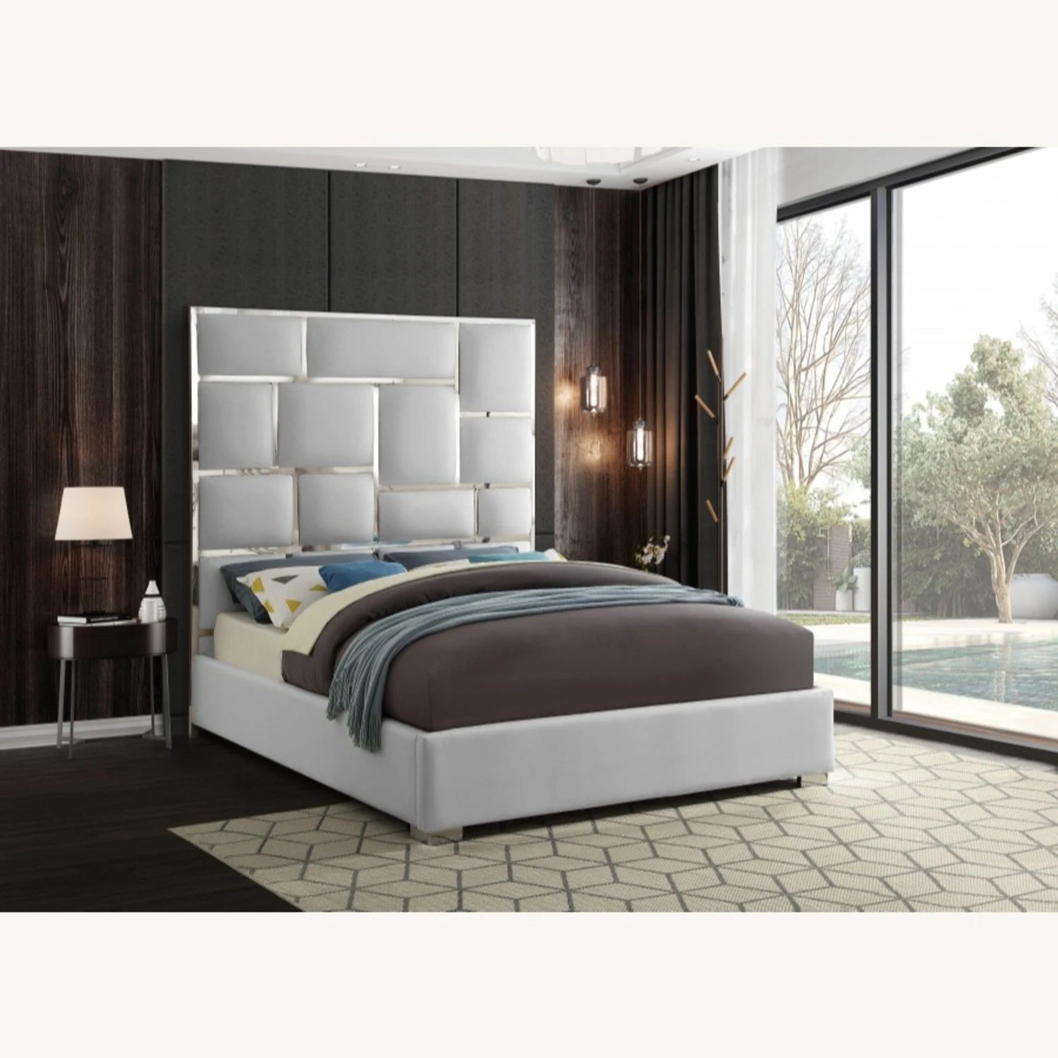 Other King Bed In White Faux Leather W/ Chrome Design - Image 6