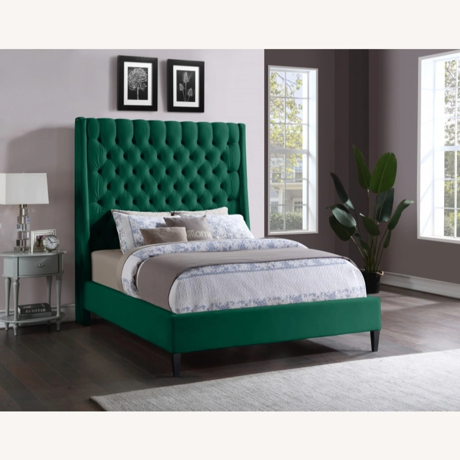 Other King Bed In Green Velvet W/Tufted Wing Back Design - Image 8