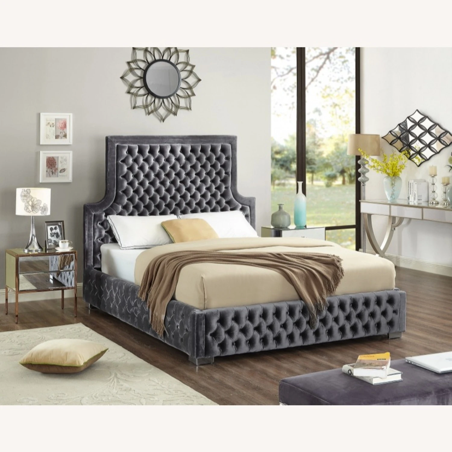 Other King Bed In Grey Velvet W/ Tufted Design - Image 3