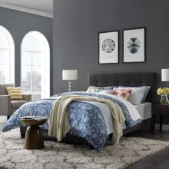 Other King Bed In Gray Fabric W/ Wood Bed Frame