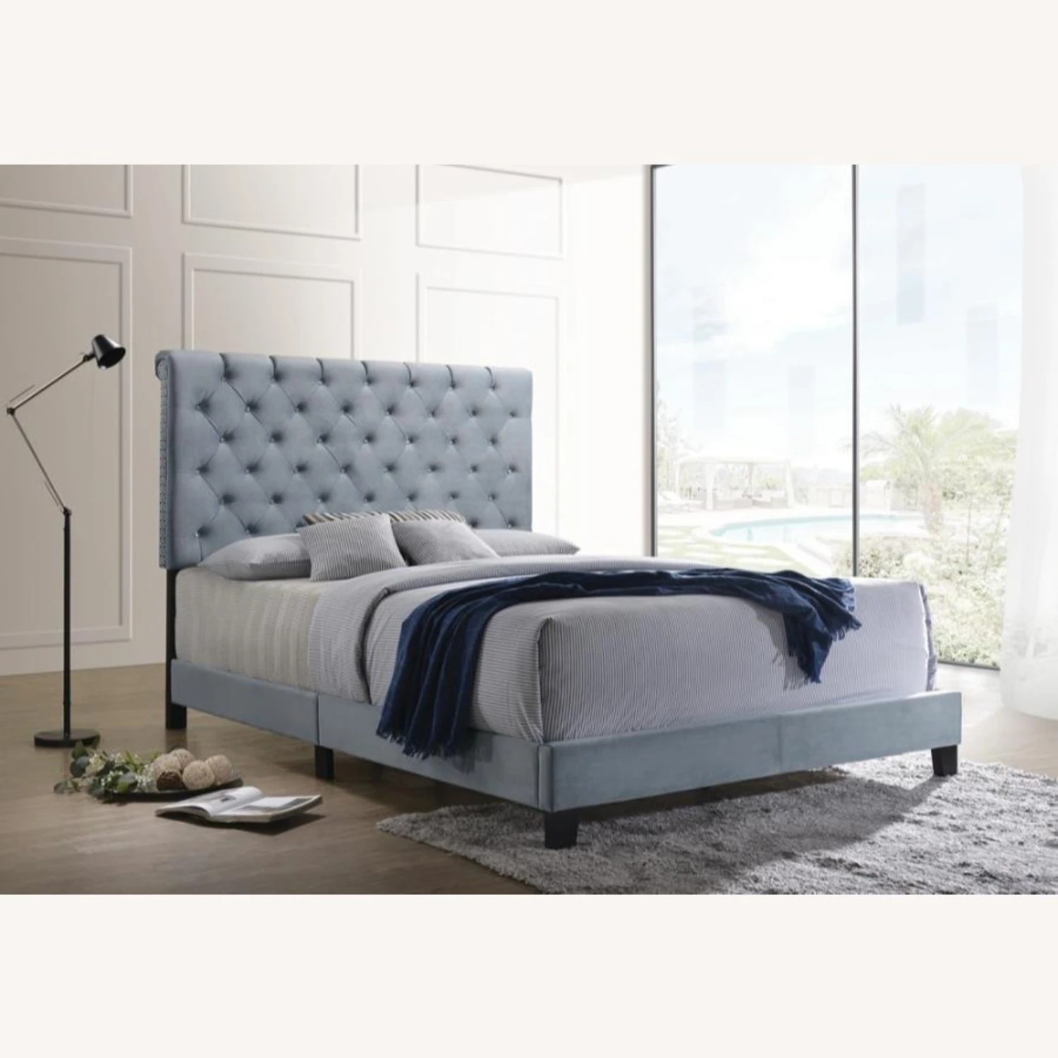 Other Transitional King Bed In Slate Blue Velvet Finish - Image 6