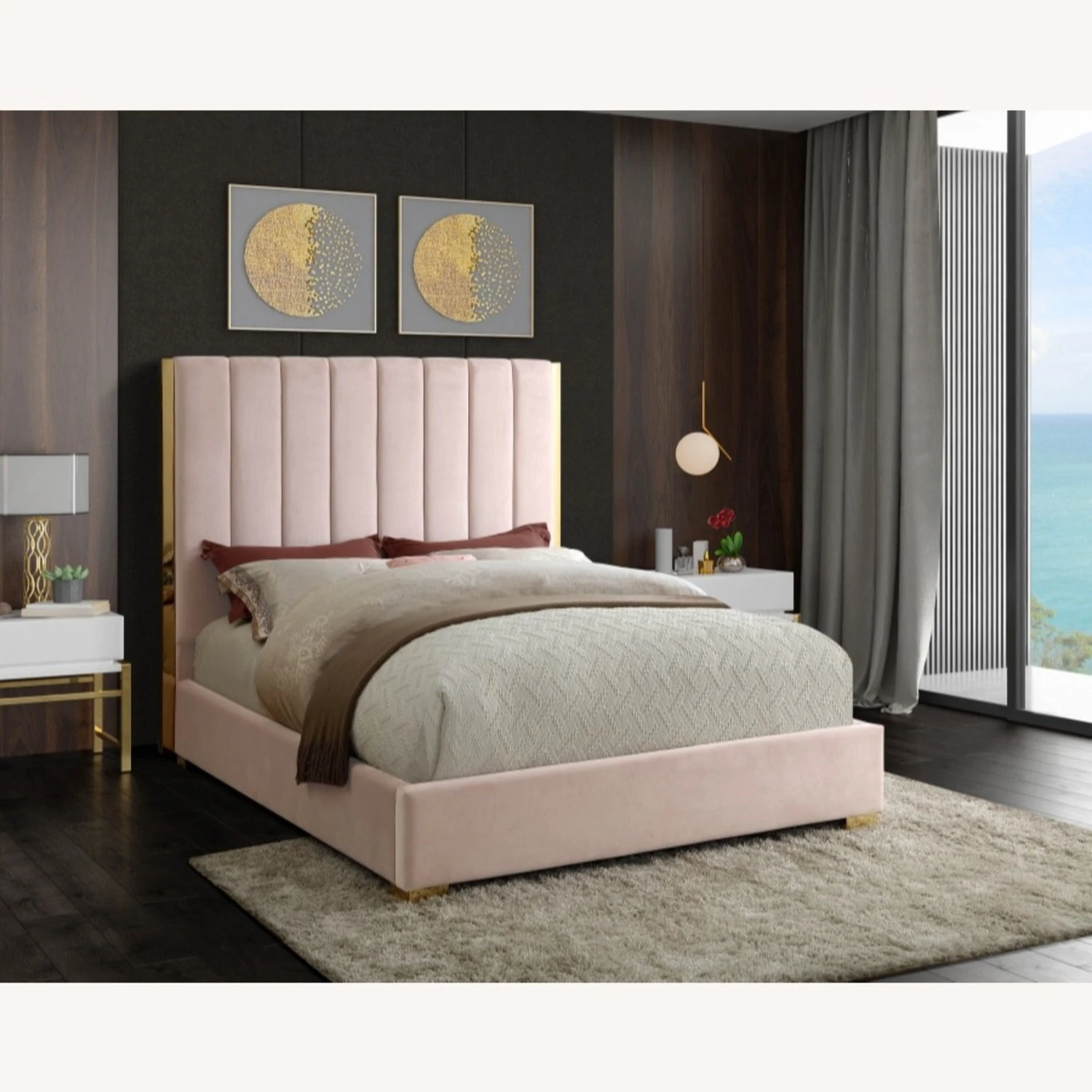 Other King Bed In Pink Velvet W/ Gold Metal Frame