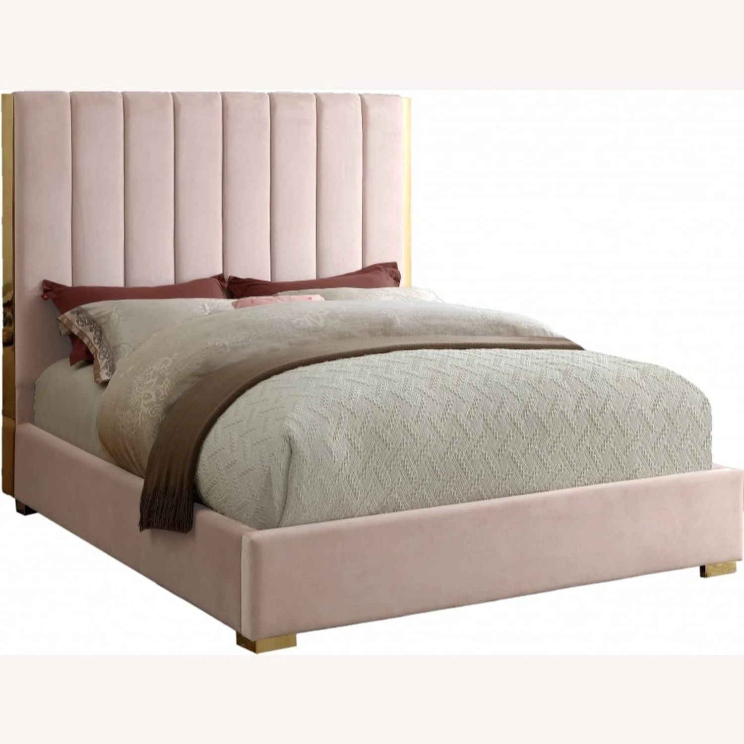 Other King Bed In Pink Velvet W/ Gold Metal Frame - Image 4