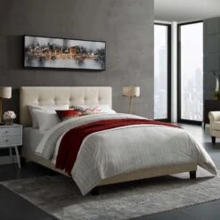 Other Full Bed In Beige Fabric W/ Wood Bed Frame