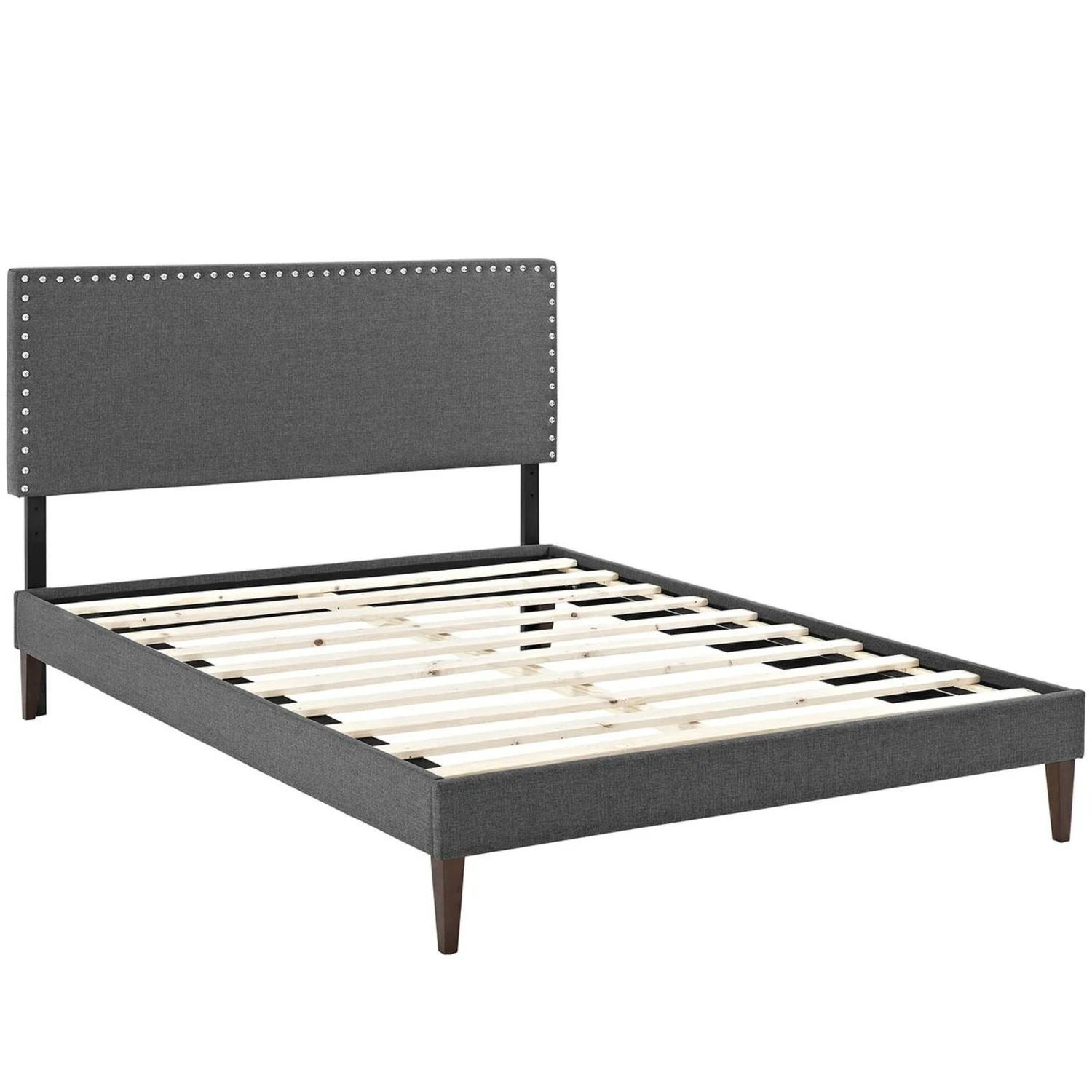Other Full Platform Bed In Gray Fabric W/ Wooden Slat - Image 4