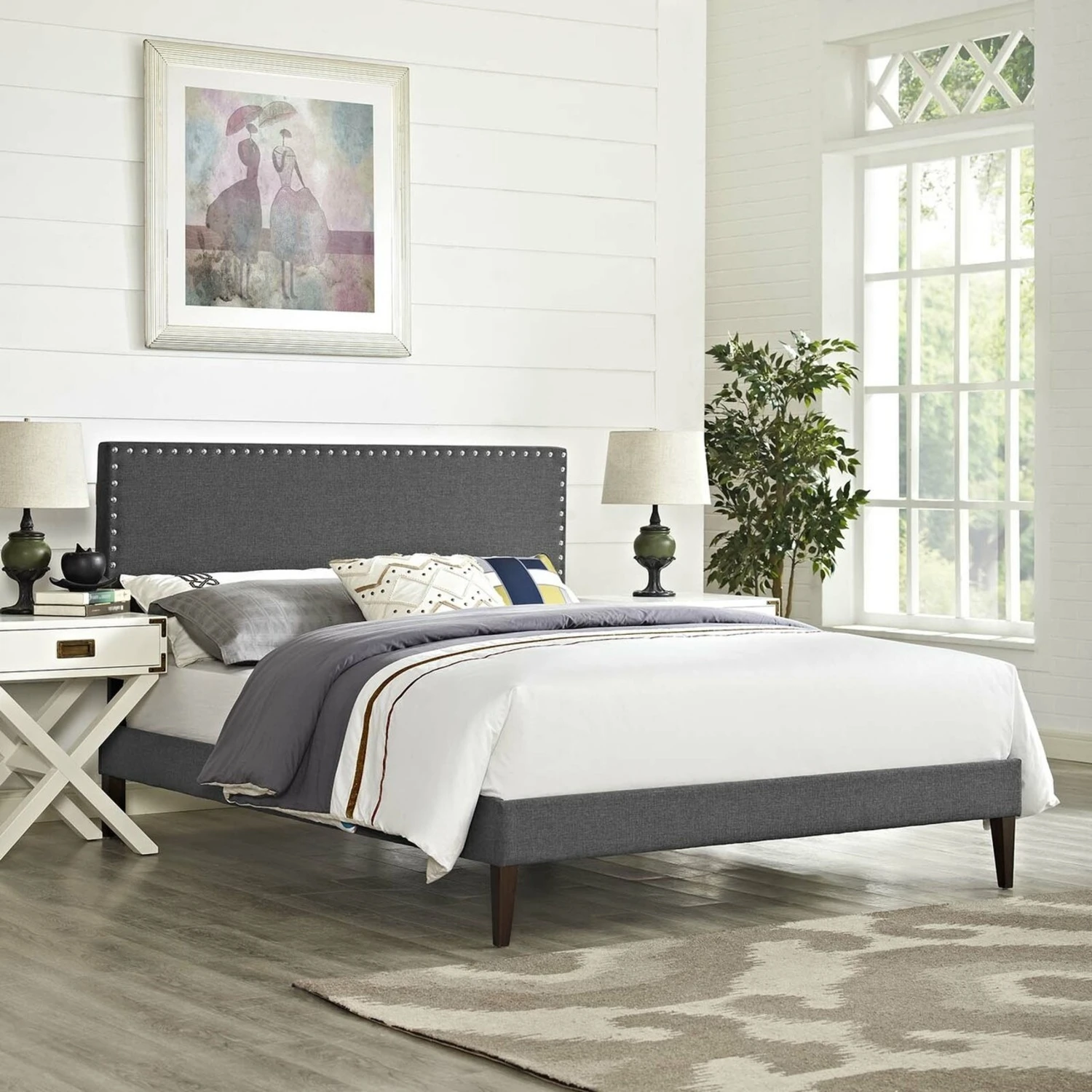 Other Full Platform Bed In Gray Fabric W/ Wooden Slat - Image 5
