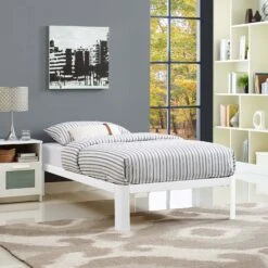 Other Full Bed Frame In White With Slatted Wood Support