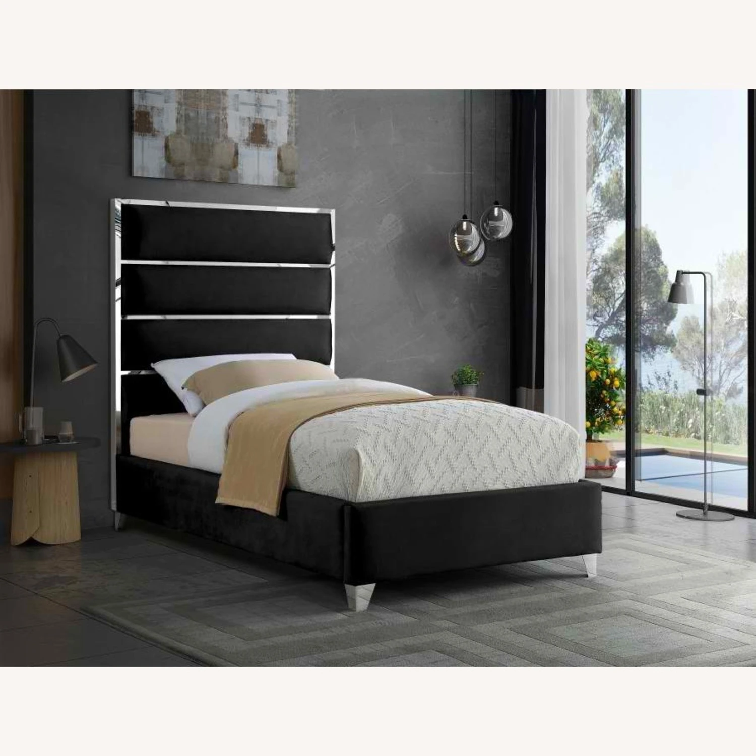 Other Twin Bed In Black Velvet W/ Chrome Channel Design
