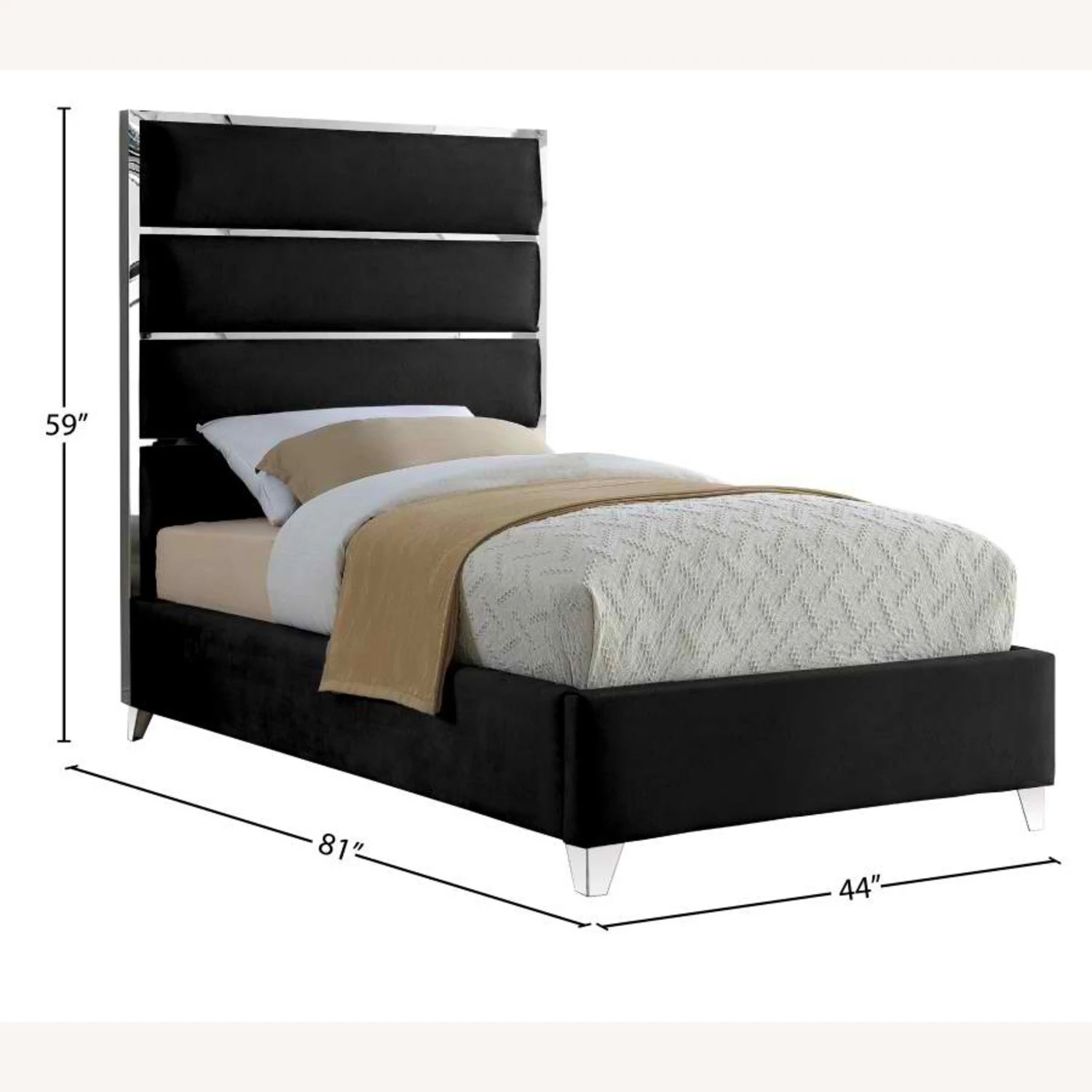 Other Twin Bed In Black Velvet W/ Chrome Channel Design - Image 4