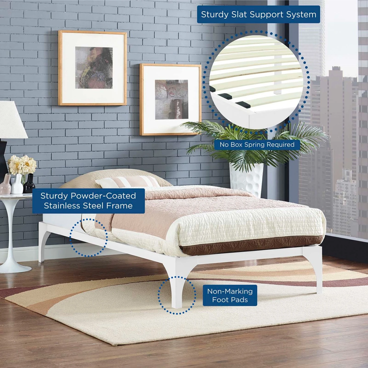 Other Twin Bed In White Sturdy Steel Frame Finish