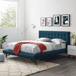 Other Mid-Century Style Queen Bed In Blue Fabric Finish