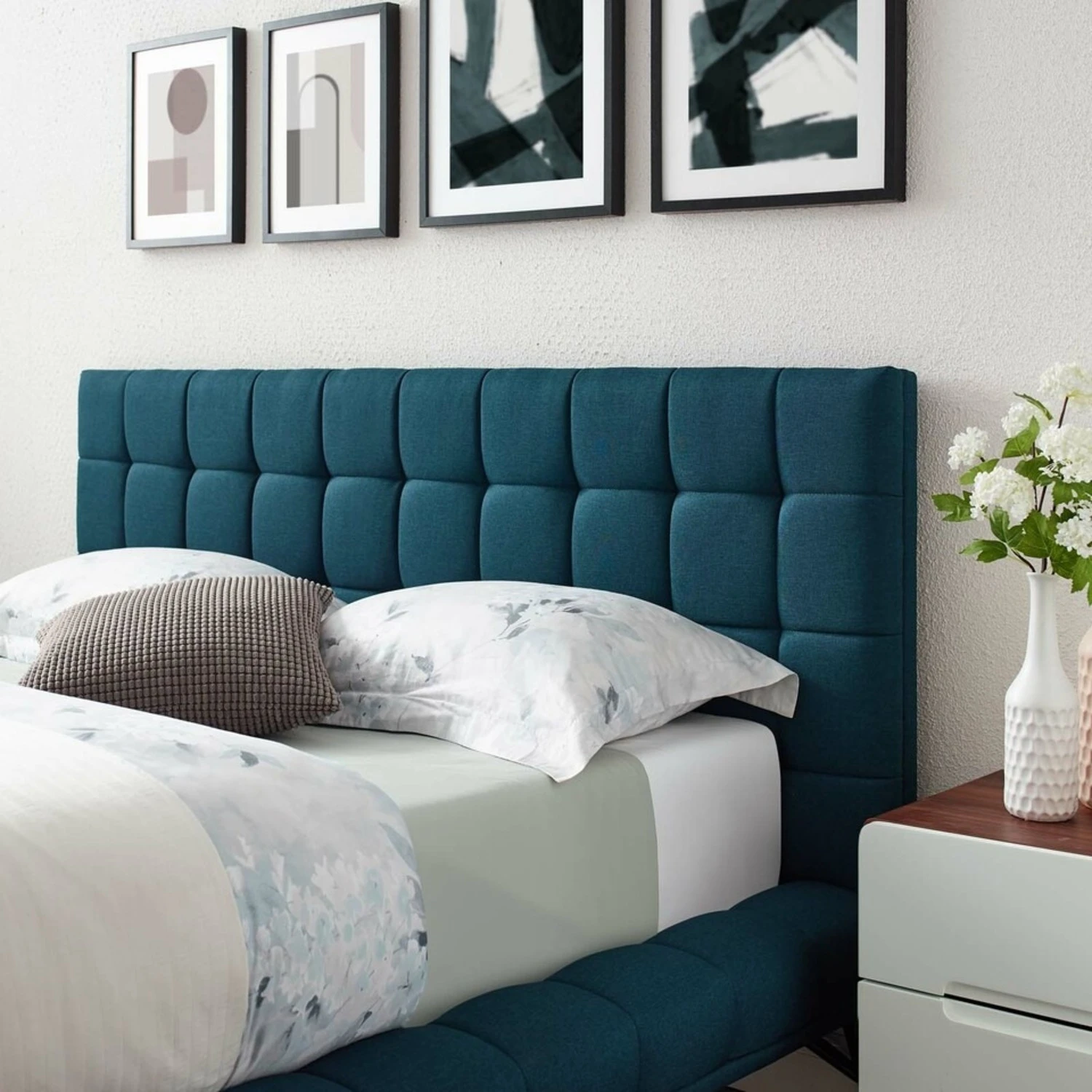 Other Mid-Century Style Queen Bed In Blue Fabric Finish - Image 5